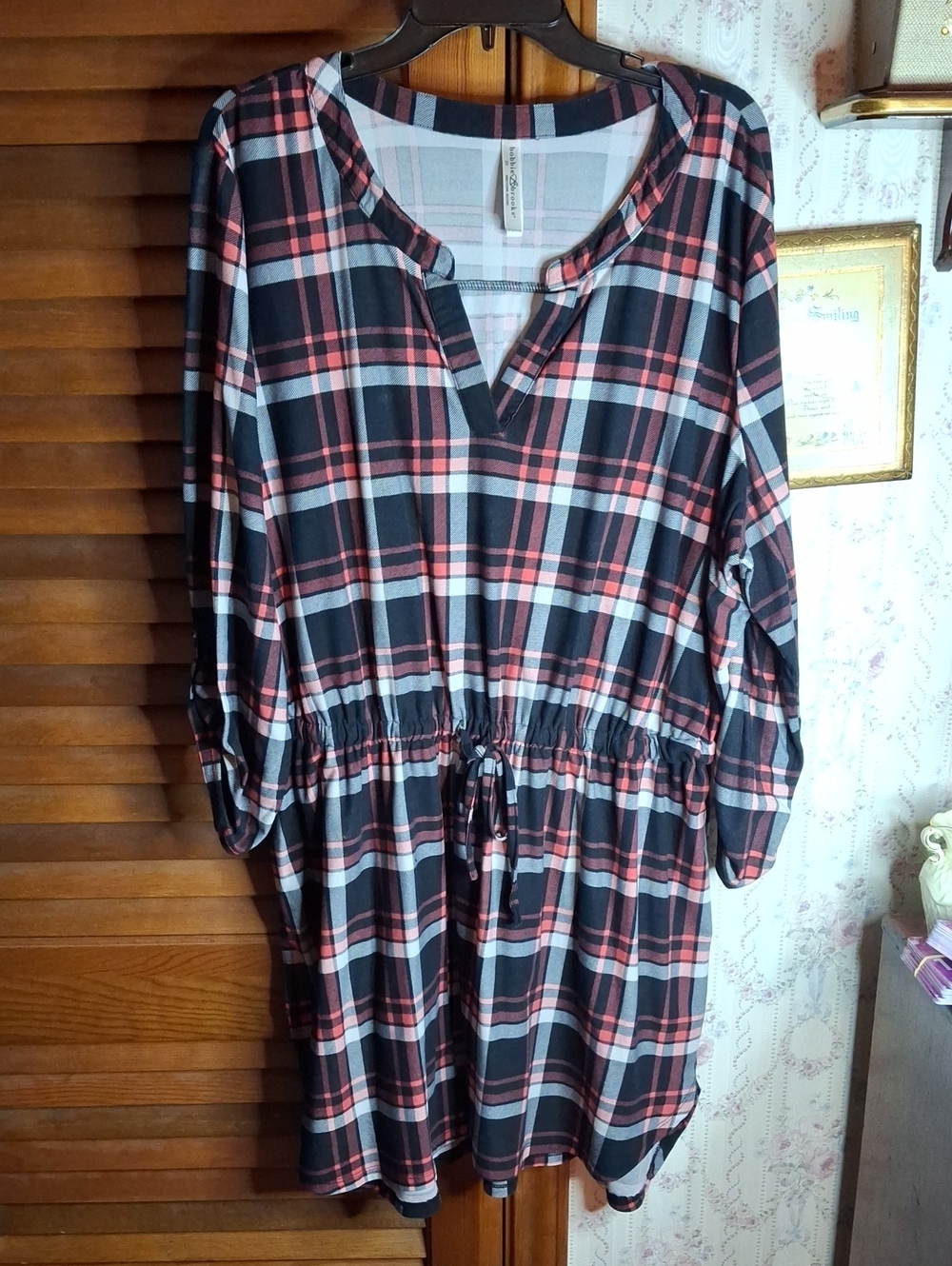 Bobbie Brooks Plaid Drawstring Waist Tunic Dress - Black Orange 2x Preloved
